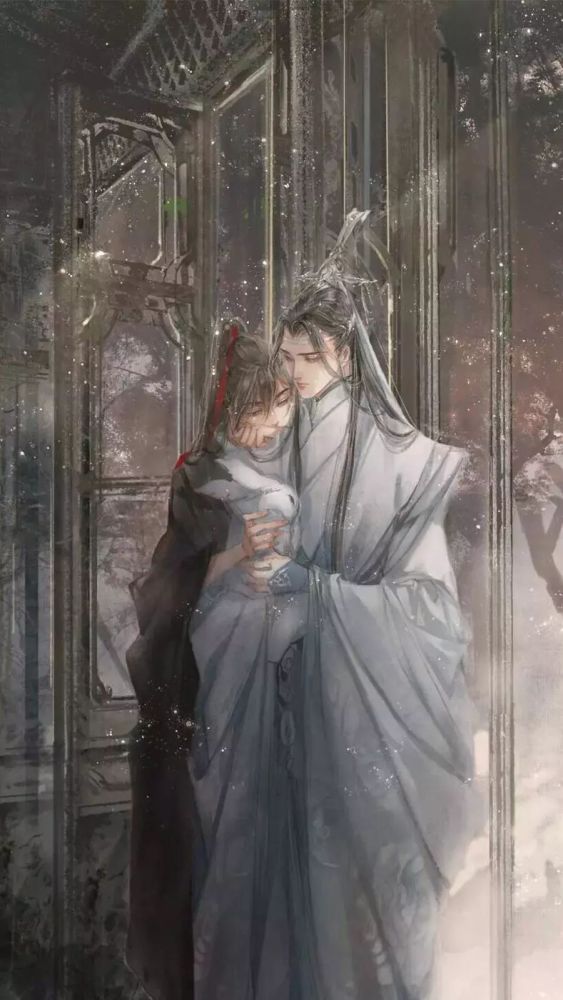 魔道祖师高清壁纸:蓝忘机抱着兔子,魏婴抱着他,画面齁