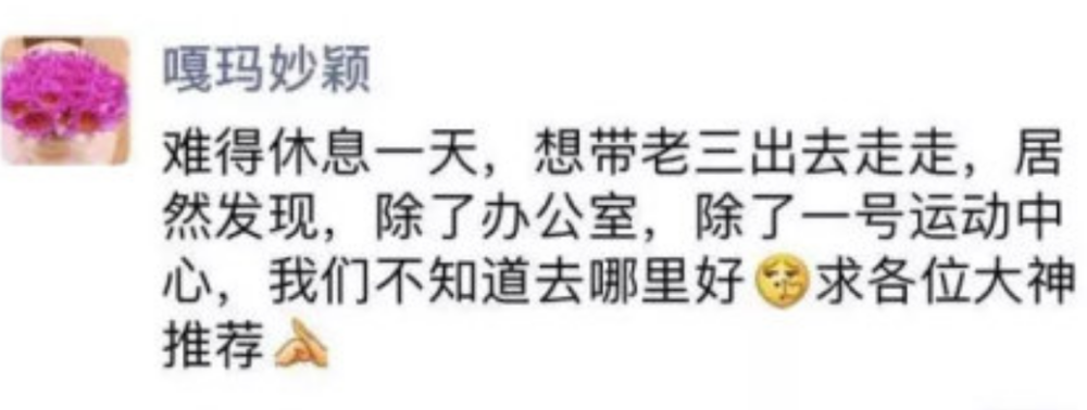 近日有网友爆料冉莹颖在朋友圈发文"难得休息一天,想带老三出去走走"