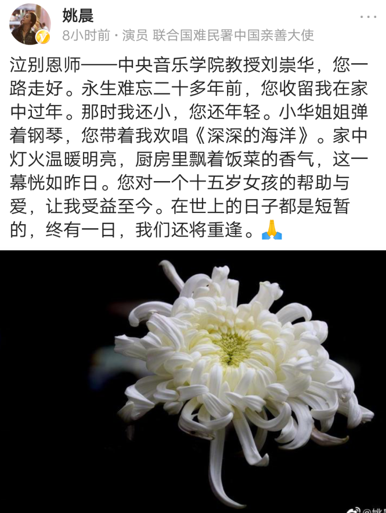 感动!姚晨恩师去世悲痛悼念,说出的一句话让人泪奔