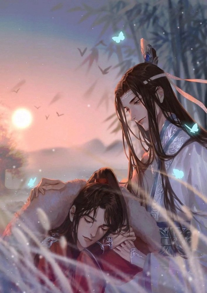 魔道祖师高清壁纸:魏婴在蓝忘机的腿上睡着了