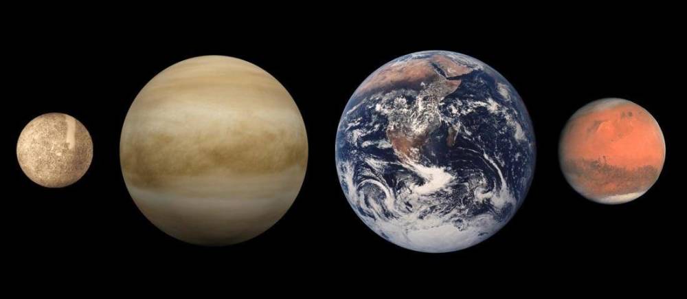 图解:类地行星的大小比较 (由左至右):水星,金星,地球,和火星