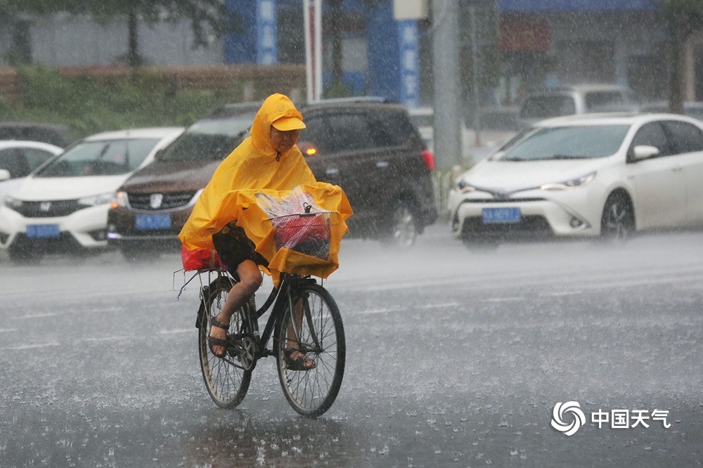 图为:暴雨如注,穿雨衣骑自行车都很艰难(图/刘英轶)
