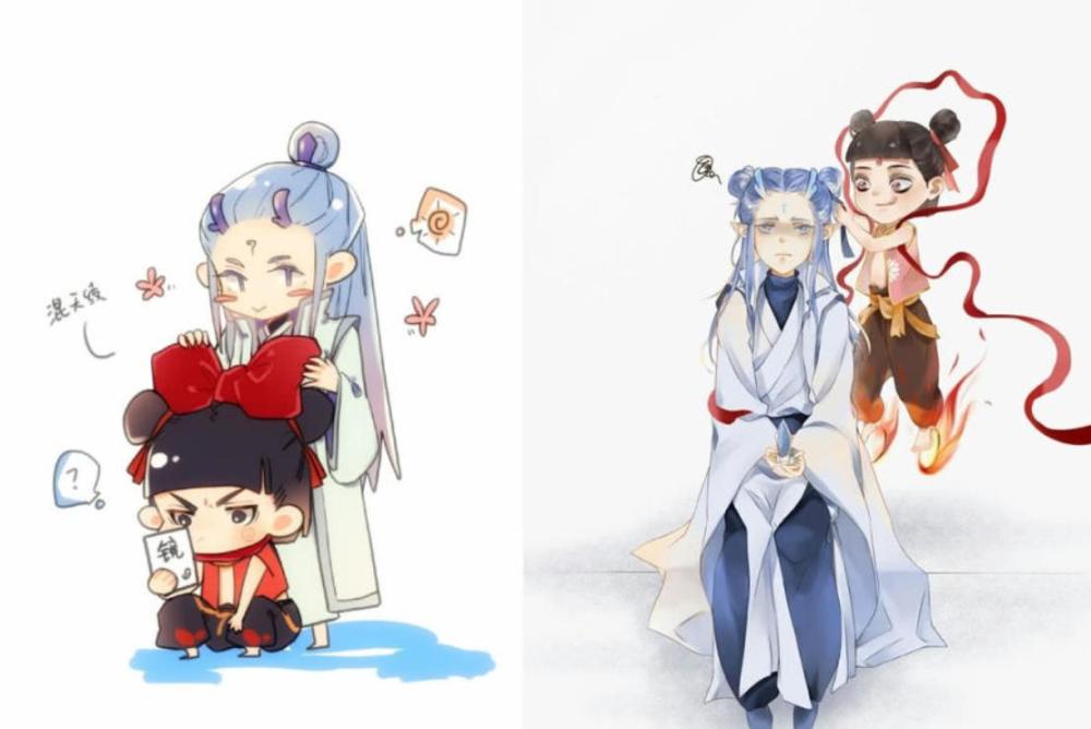 藕饼cp:敖丙哪吒亲密q版小互动,每张都甜到爆,彻底的