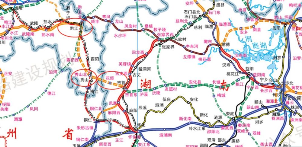 国家铁路建设及规划示意图局部:湖南省