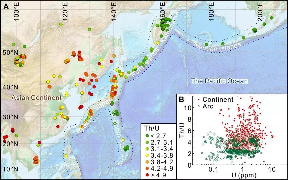 东亚地区和太平洋北部1000万年前至今的岩浆岩的th/u分布特征