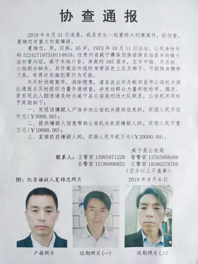 威宁警方悬赏两万元缉拿夏锦忠,发现此人踪迹请及时报警