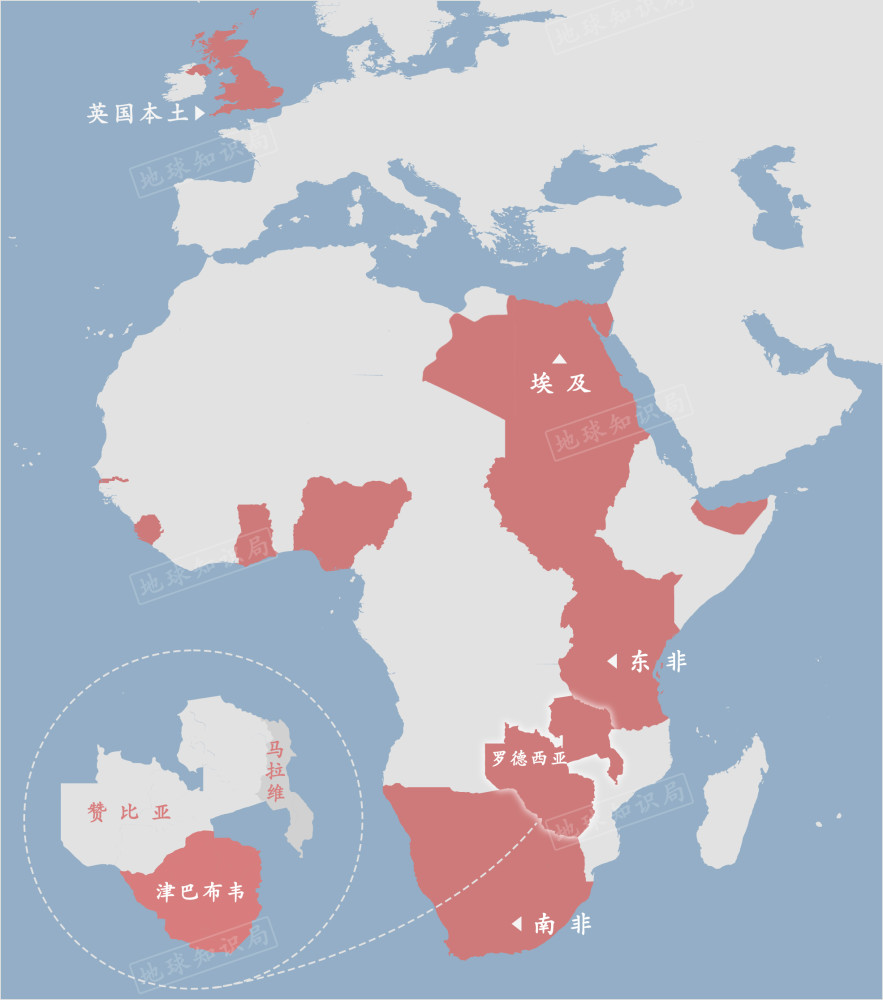 罗德西亚包含了今天的津巴布韦,赞比亚,马拉维(图中仅标识了英国非洲