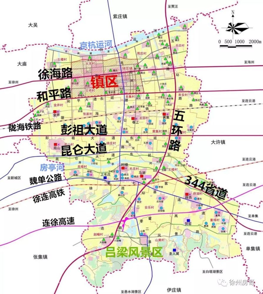 从徐庄镇镇村发展布局规划图可以看到, 徐庄镇区的范围主要集中在和平