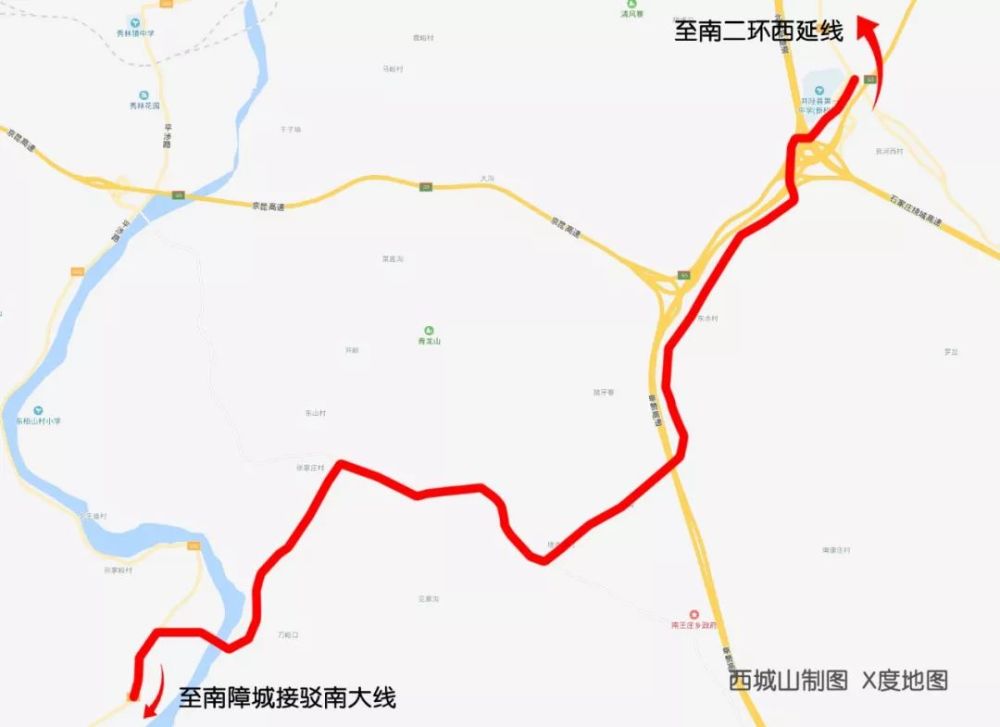 沿线经过栾家窑,半沟,塔寺坡,北障城等村落,与平涉公路接驳至南大线.