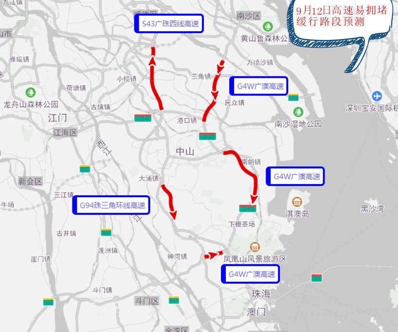 其中,市内出程易拥堵缓行高速公路主要为g4w广澳高速(中山北段,g94珠