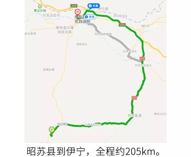 一路从昭苏县开回到伊宁,全程约205km,沿途路况有省道,高速和市区道路