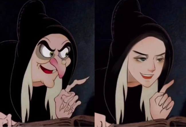 大家都知道的是,左边这个是《白雪公主》中的老巫婆,看起来是又老又丑