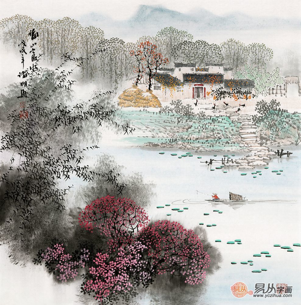 家居装饰画 诸明最新小品斗方山水画《福山富水》