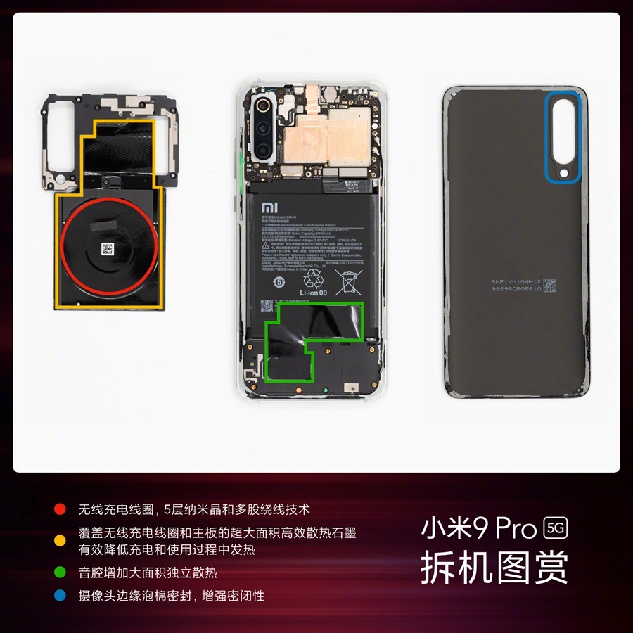 小米9pro5g手机官方拆解主板采用双层堆叠设计