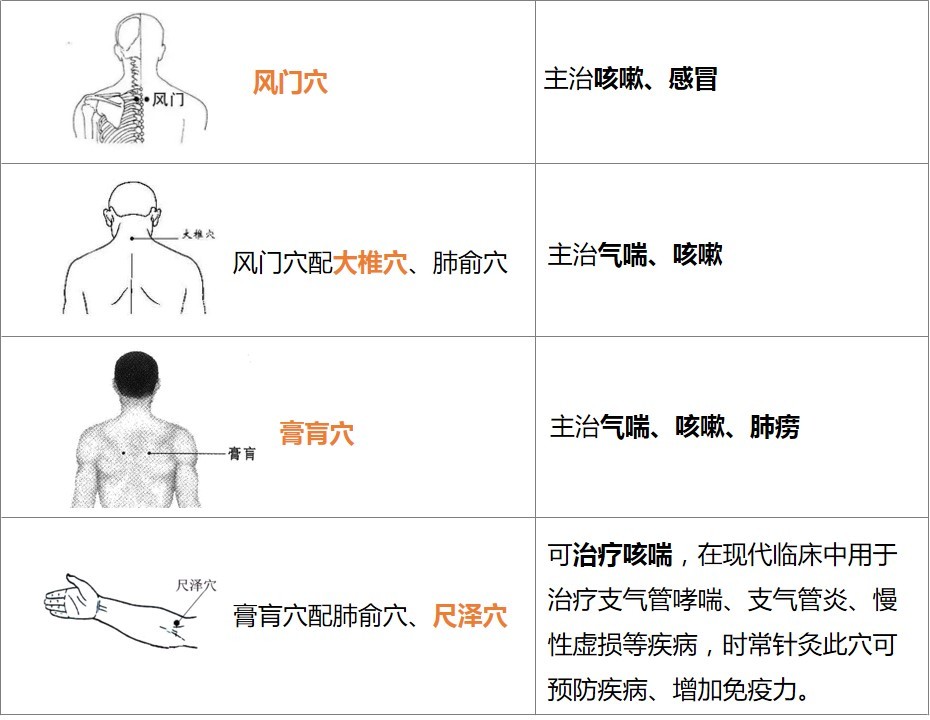 针灸治疗选择的穴位多为主治气喘,咳嗽的肺俞穴,列缺穴等,也有补气血