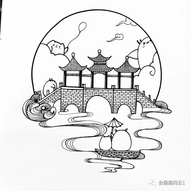 每天学一幅简笔画-极简的小白教程!中国风建筑线描,线条越画越简单!