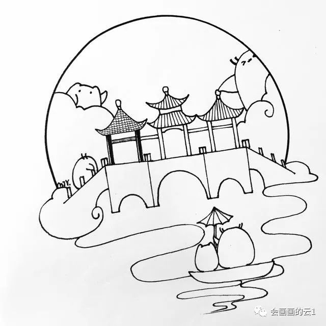 每天学一幅简笔画-极简的小白教程!中国风建筑线描,线条越画越简单!