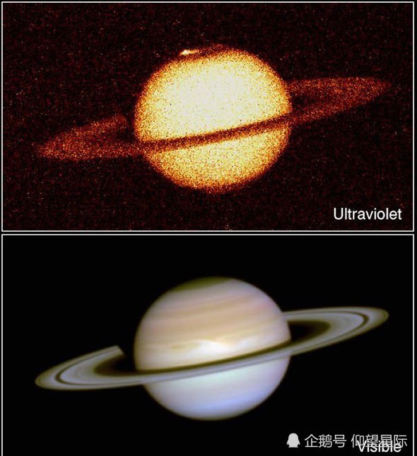这张对比图展示了土星的极光.