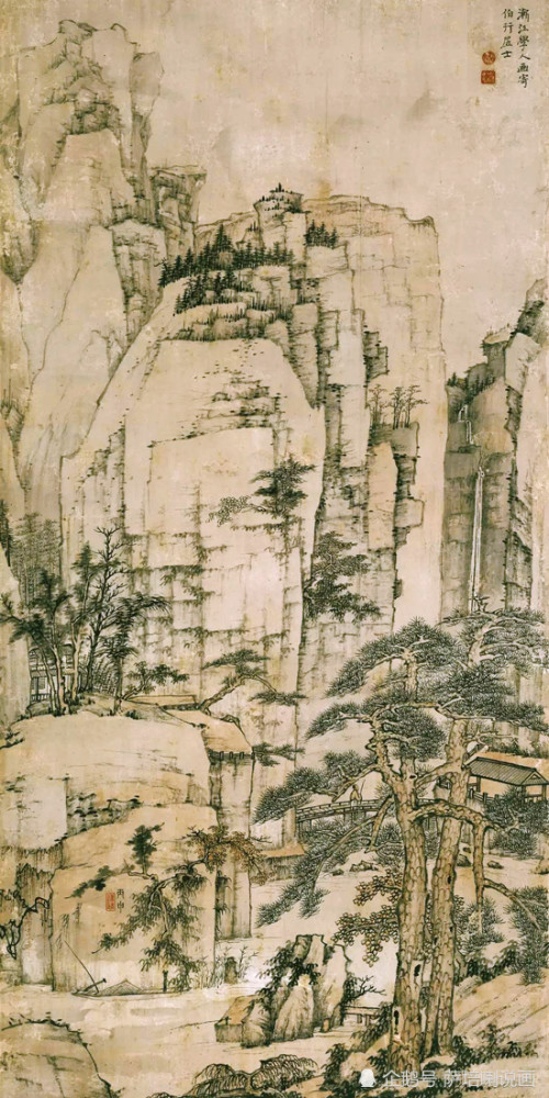 弘仁中年作品,在荒寒山林之中流露出恬淡心意《松溪石壁》欣赏