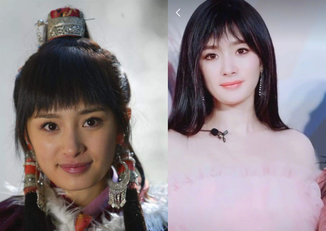 和杨幂出道时的方脸对比照,杨幂的"方脸"格外的抢镜.