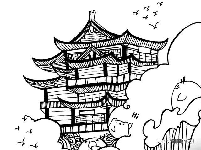 每天学一幅简笔画-极简的小白教程!中国风建筑线描,线条越画越简单!