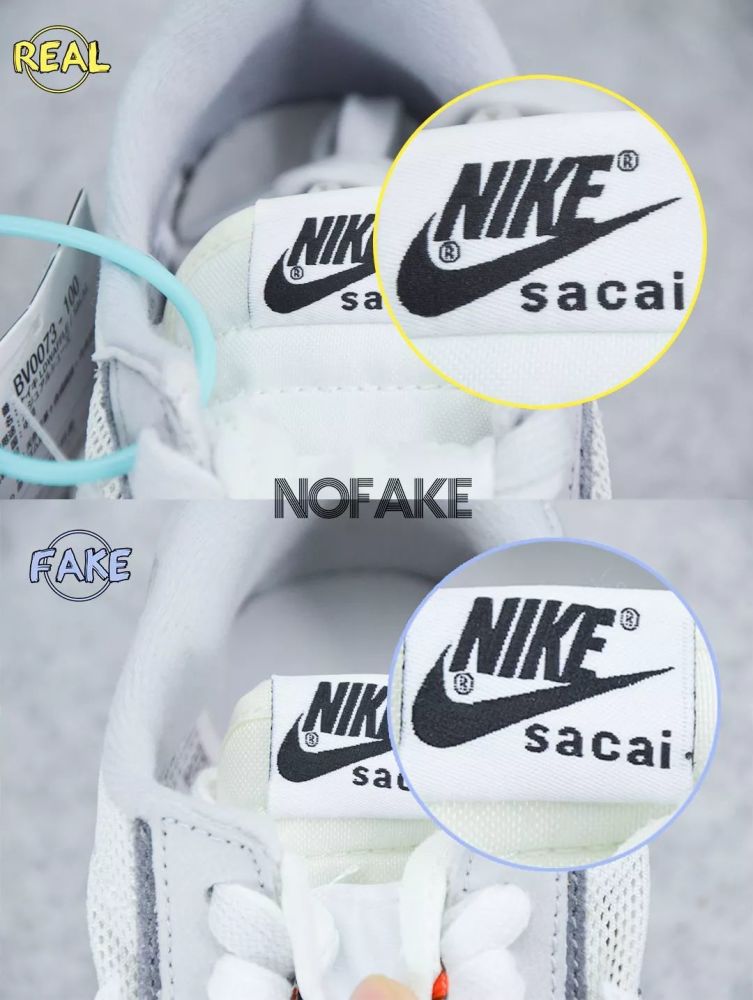 真鞋后跟的 nike x sacai 的logo更大,而假鞋相比真鞋要小了一号.