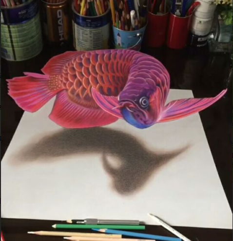 美术生的3d立体画:跃然纸上的金龙鱼,悬浮的苹果,看到
