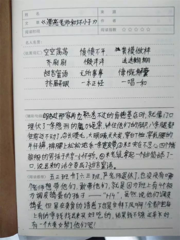 看,笔记本整洁干净,内容充实,有摘抄的精美词句篇,名人名言,警句