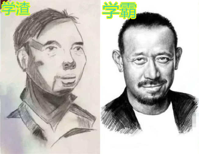 差距最明显的就是最后一张了,我们先来看看学渣画的素描头脑,看起来