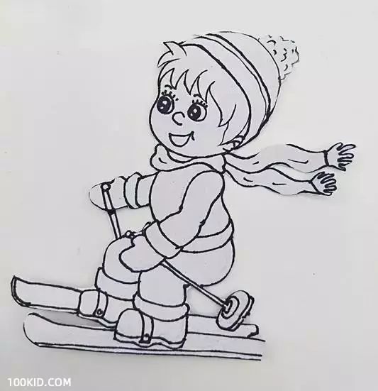 第五步:在白卡上绘画出滑雪的人物外形.