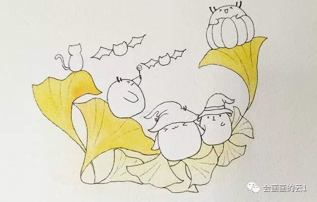 淡黄色先画银杏叶的第一层颜色,然后同色系依次加深颜色图片