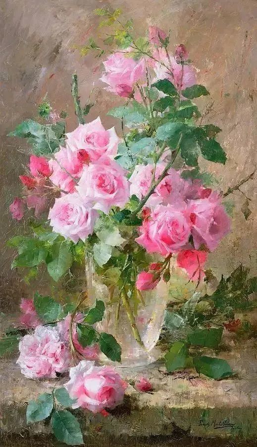 美丽的玫瑰花,他的作品介于印象派和现实主义之间