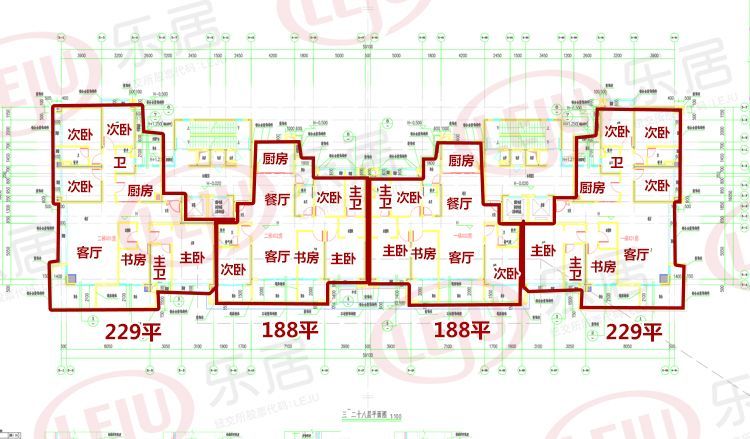 查询项目此前公示的楼层平面图,保利天悦 229㎡设计为4 1房设计 188