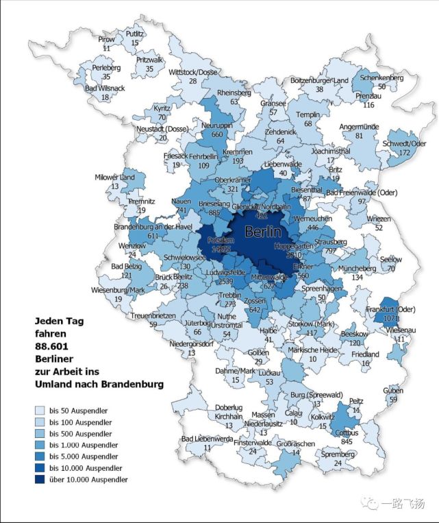 勃兰登堡州前往柏林通勤柏林-勃兰登堡都市区人口密度分布——柏林