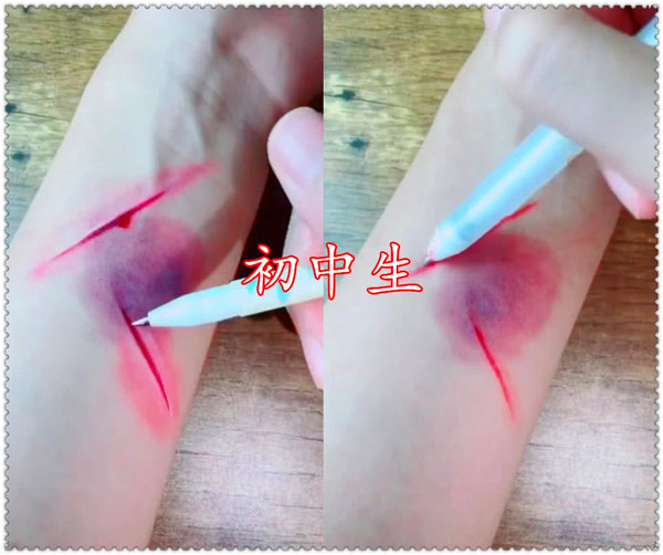 美术生在掌心"划伤口",从小学生一直到高中生,网友:差点被骗
