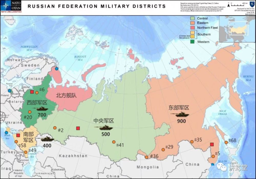 图:俄罗斯军区分布,北方舰队和西部军区已合并为北部战区.
