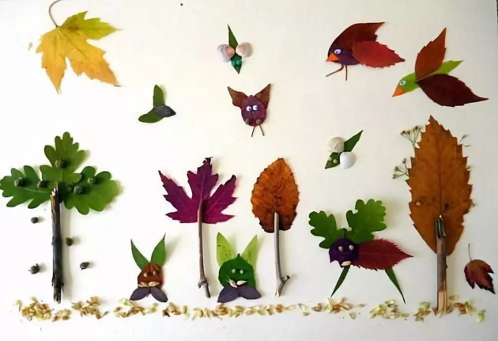 充满童趣,叶子也仿佛被重新赋予了鲜活的生命: 把树叶用在人物画上