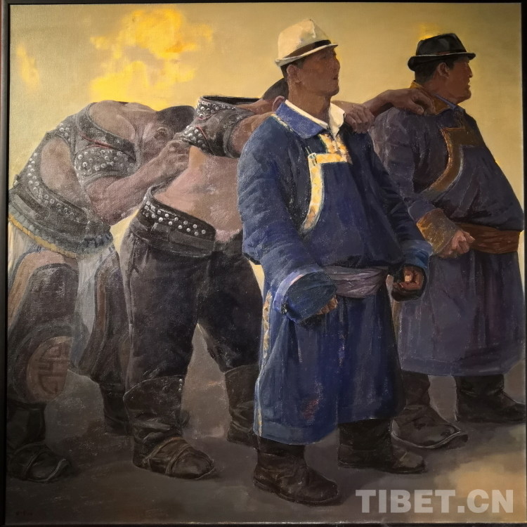 图为油画作品《蒙古族博克文化》