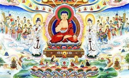 观世音菩萨常侍佛左,大慈大悲;大势至菩萨常侍佛右,大喜大舍;极乐