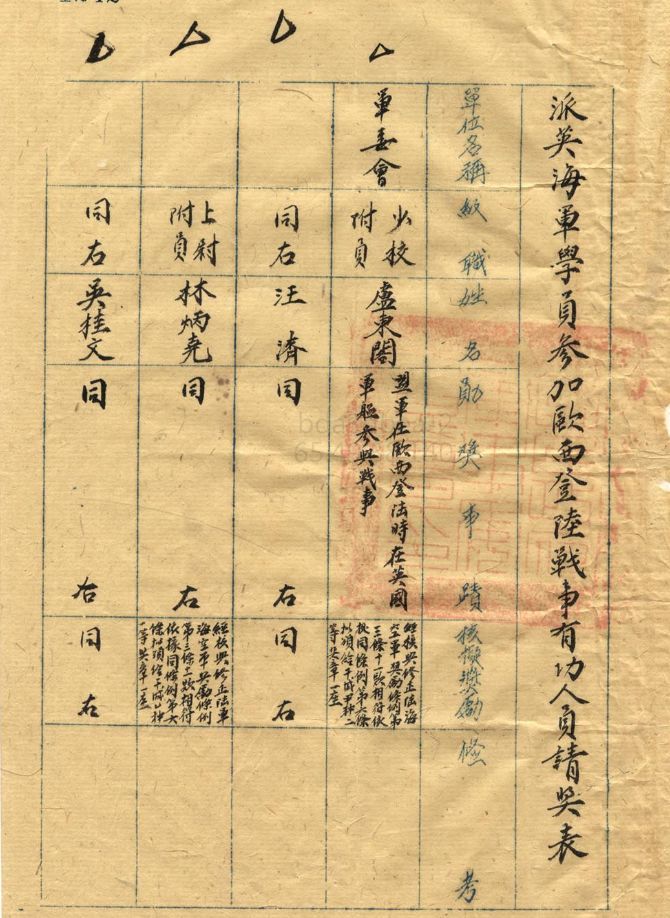 的这份《派英海军学员参加欧西登陆战事有功人员请奖表(1)对卢东阁