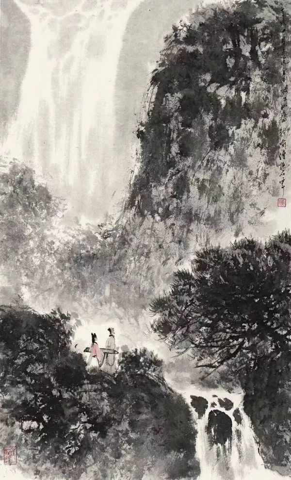 傅抱石擅画山水,中年创为"抱石皴",笔致放逸,气势豪放,尤擅作泉瀑雨雾