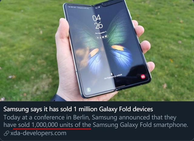 售价接近2000美元三星galaxyfold折叠屏手机已售百万台
