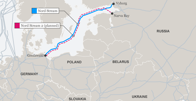 北溪2号管道走向图.图源:德国之声