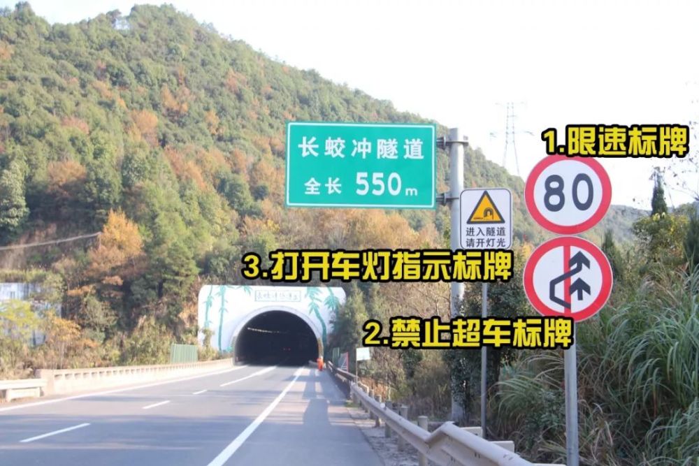 进入隧道前,要及时关注路面标志标线和路旁的 限速,禁止超车等交通