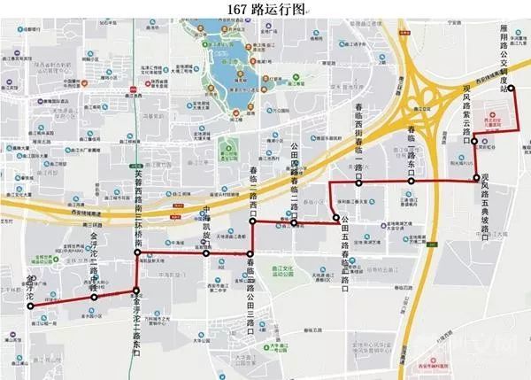 公交167路线路:由雁翔路公交调度站开往金泘沱(603路终点站,经踏青路