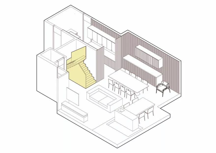 轴测图 进入室内 一眼就能看到客厅和餐厅 现代风格的装饰 将木材