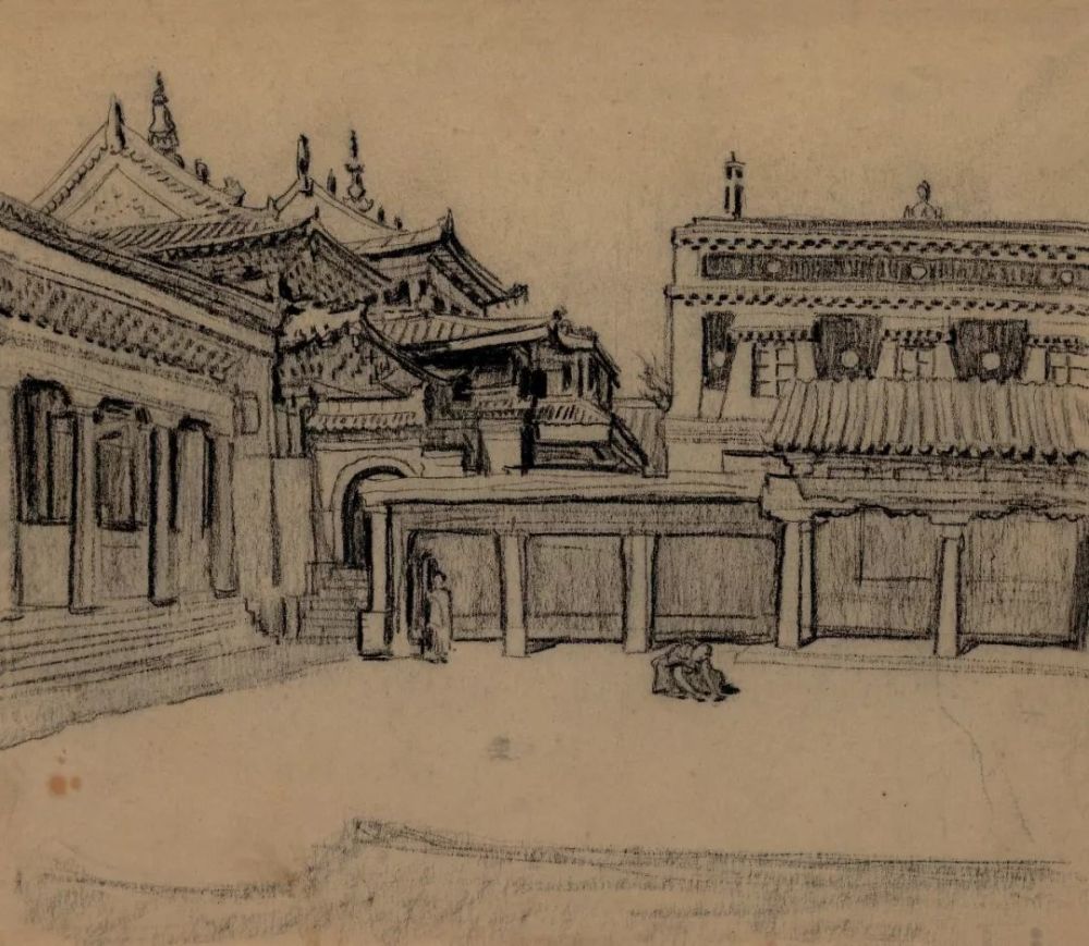 塔尔寺内景,纸本碳铅笔素描,25×29cm,1940年