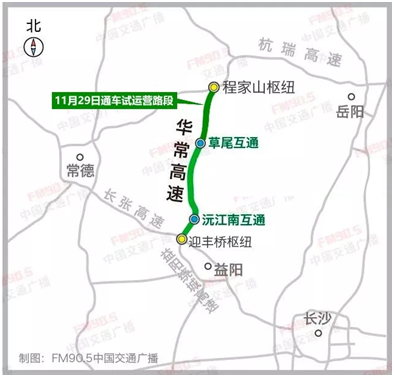 路线呈南北走向,起于g56杭瑞高速程家山枢纽,往南经茅草街,沅江,益阳