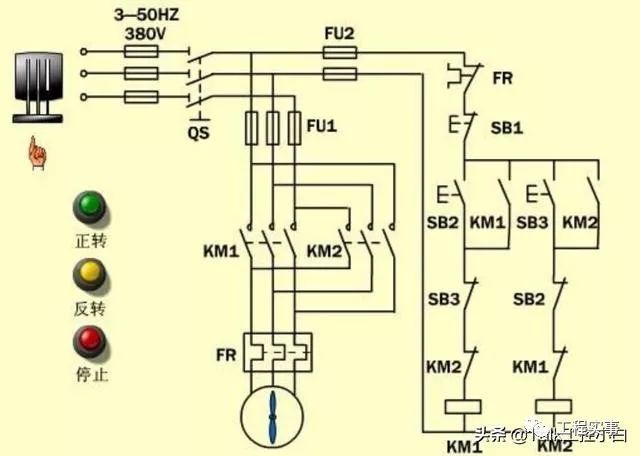 交流接触器控制电机正反转停止指示灯怎样接线?