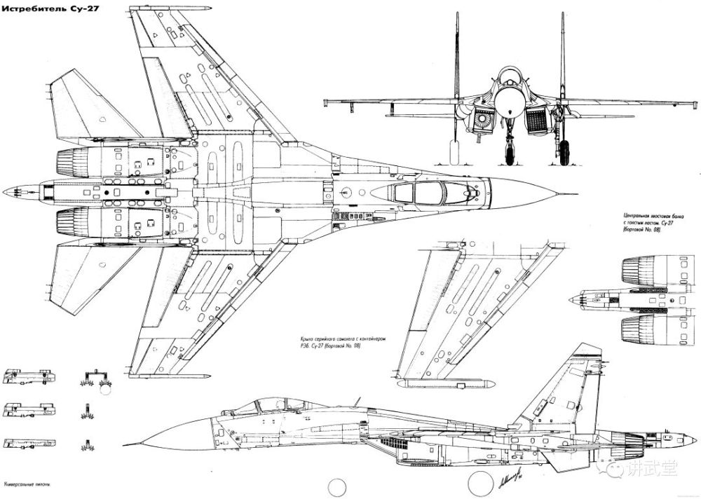 苏-27三视图,很典型的后掠翼,这就必然存在大迎角下机头自动上仰的